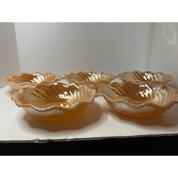 Fire King Peach Luster Soup salad Bowl Set of 5 Ruffled Rim 7” Milk Glass Bottom - Picture 2 of 8
